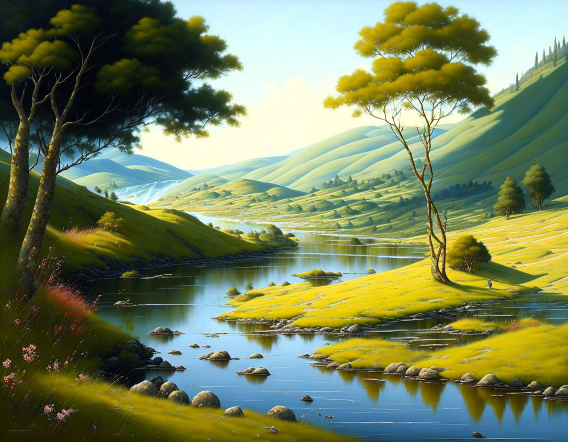 Tranquil landscape with green hills, river, trees, and flowers