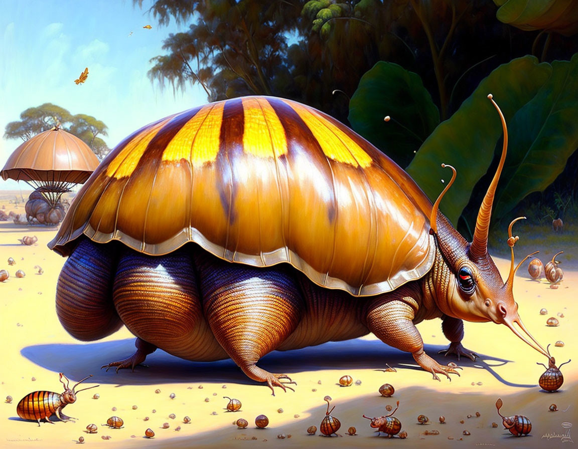 Fantastical snail-creature with large shell and horns in whimsical landscape