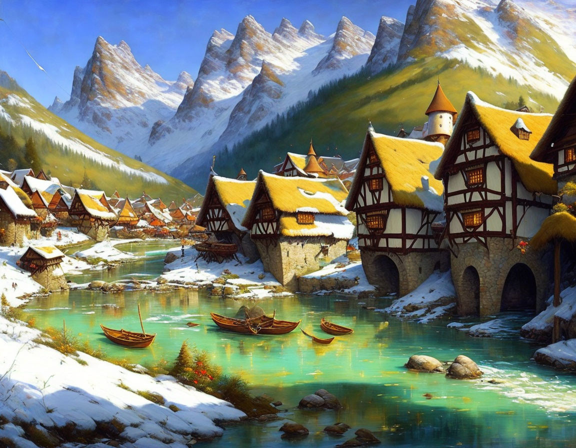 Medieval village with half-timbered houses, river, mountains, pine trees