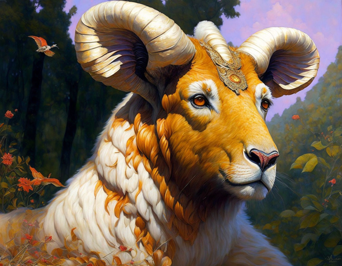 Majestic ram with large curled horns in forest setting