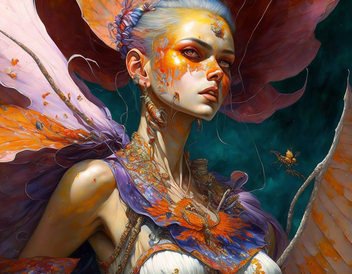 Colorful fantasy illustration of a woman with white hair and vibrant orange makeup in surreal setting.