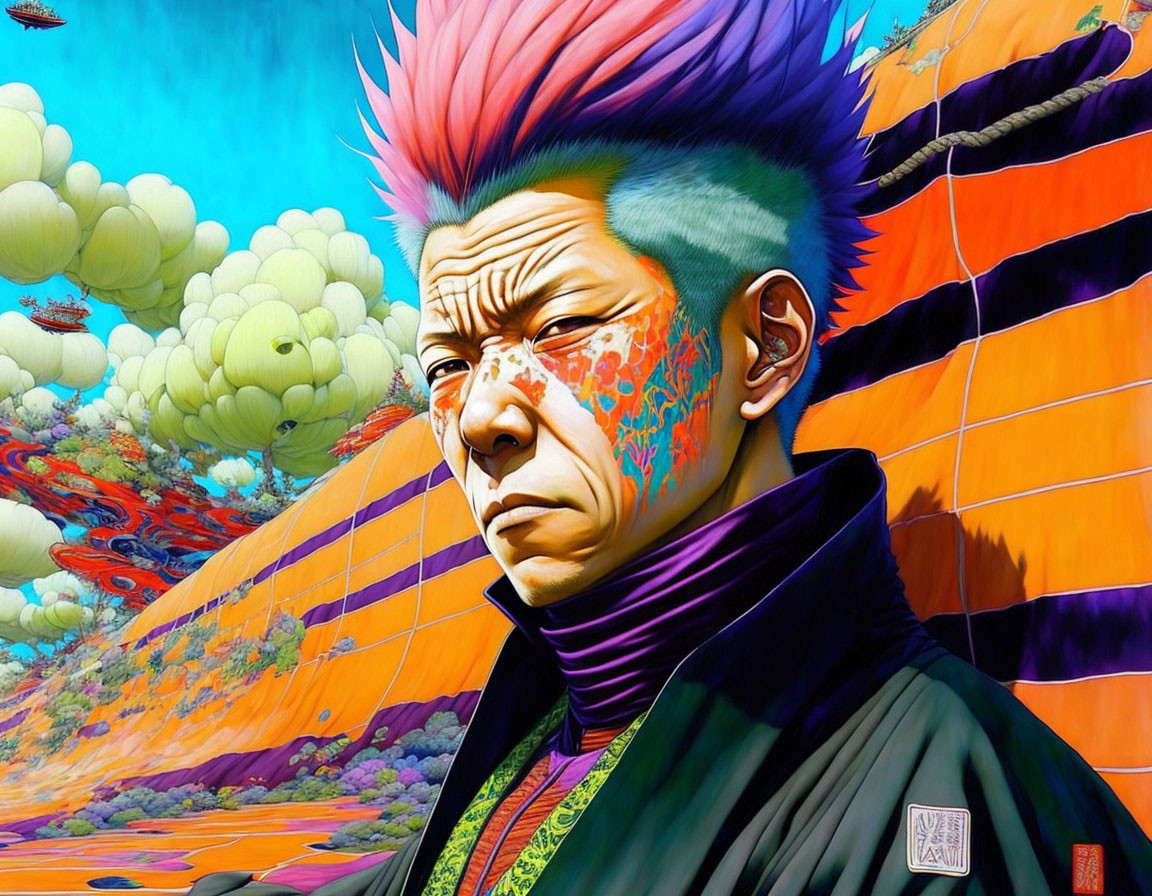 Vibrant image: stylized man with mohawk on psychedelic background