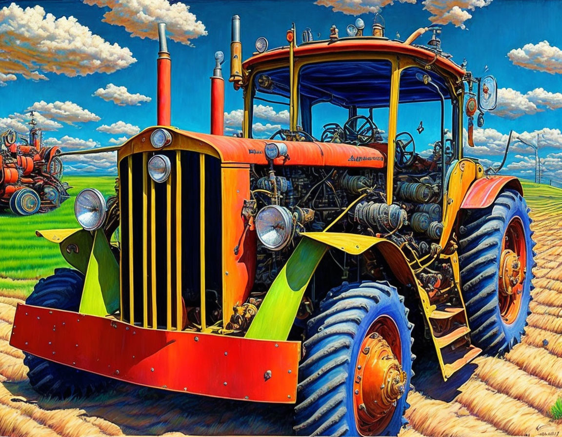 Yellow and Green Vintage Tractor Painting in Field with Blue Sky