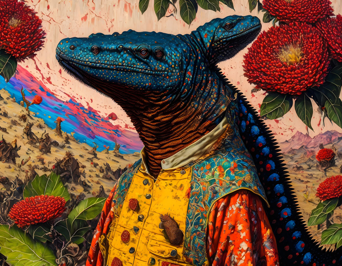 Renaissance-style humanoid lizard painting in regal attire and floral backdrop