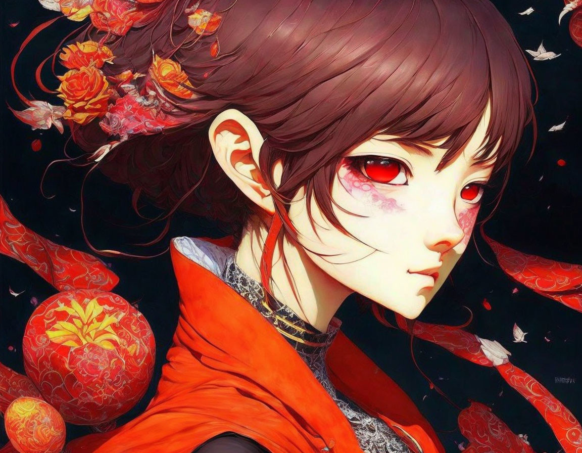 Detailed Anime-Style Illustration: Person with Red Eyes and Vibrant Red Flowers