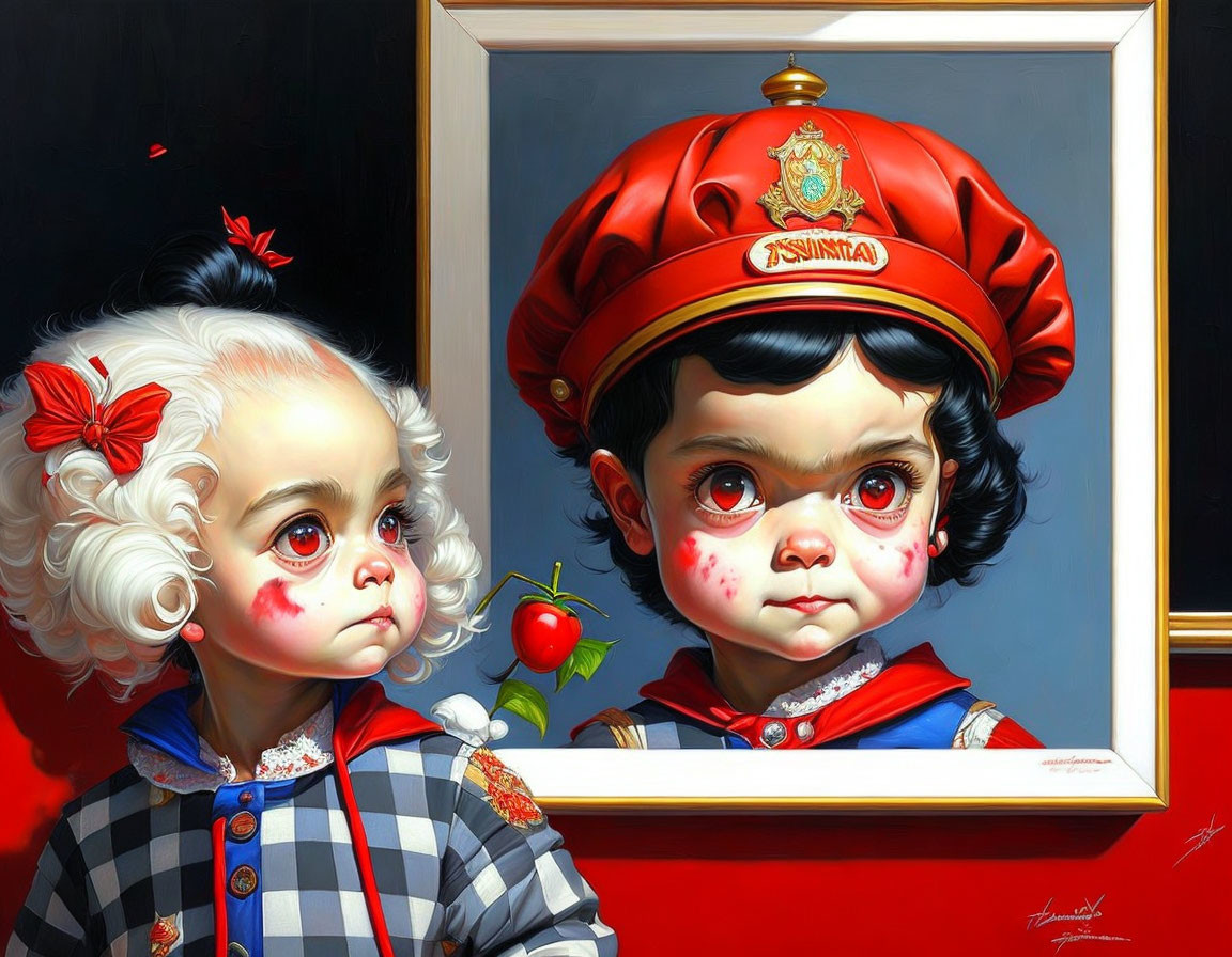 Hyperrealistic Painting of Two Children with Ornate Clothing and Sad Expressions