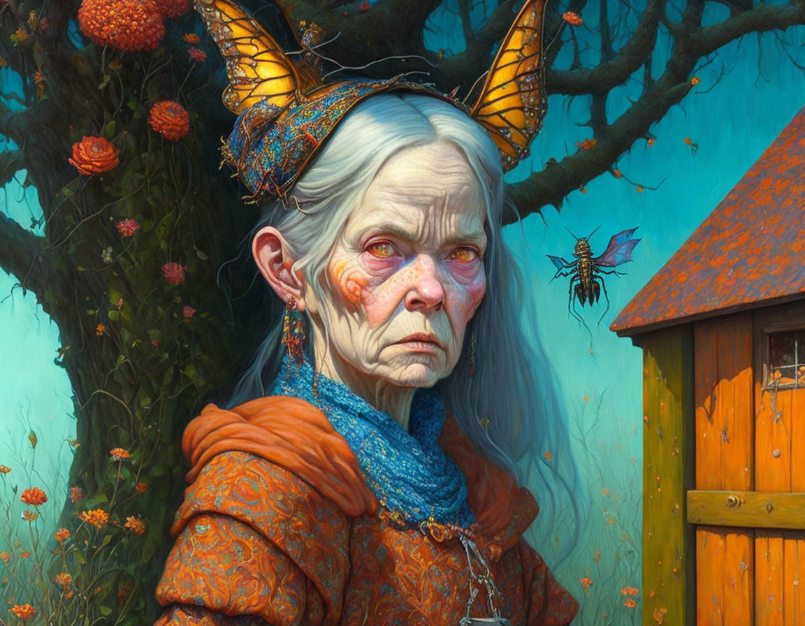 Elderly woman with pointed ears and butterfly-like horns near bee and wooden door