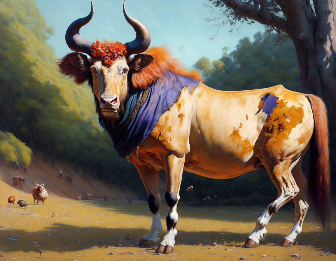 Anthropomorphic bull digital painting in forest clearing