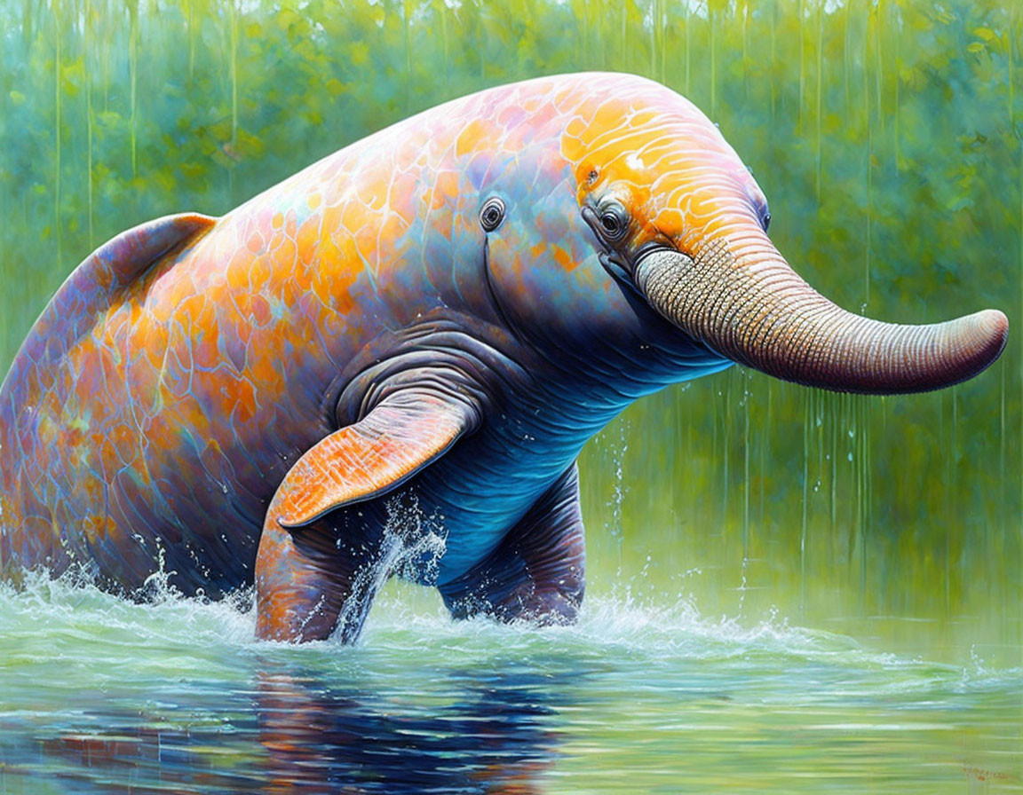 Colorful Elephant with Vibrant, Crackled Skin Texture Wading Through Water