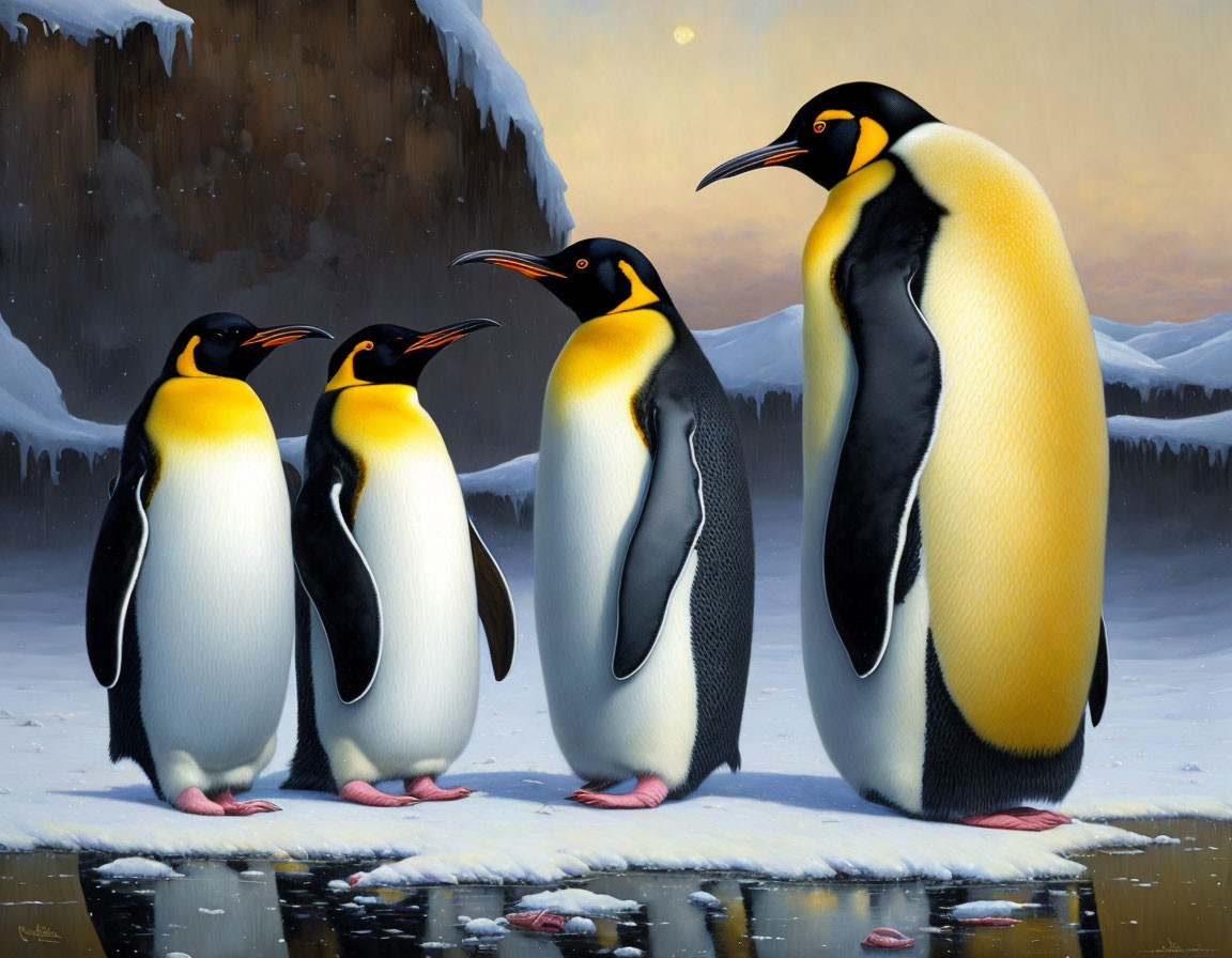 Four penguins on icy landscape with twilight sky and mountain backdrop