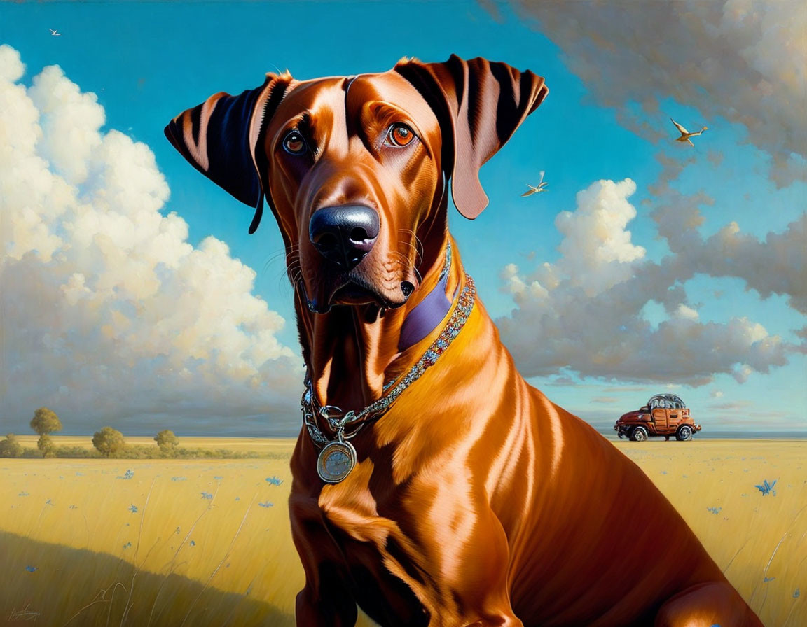 Hyperrealistic Painting: Brown Dog in Field with Car & Blue Sky