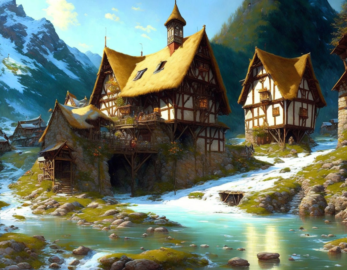 Serene Fantasy Village by River and Mountains