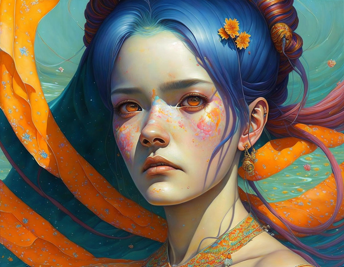 Surreal portrait of woman with blue hair and vibrant orange fabric