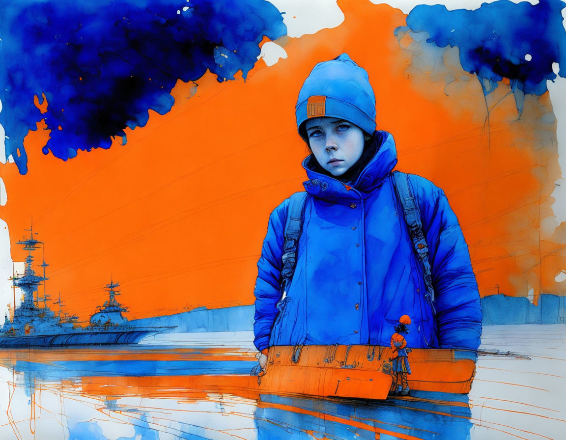 Person in Blue Hoodie Stands Against Orange Barrier with Watercolor Ships