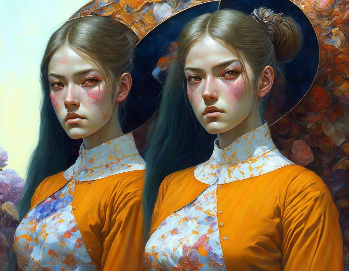 Twin women painting in orange floral blouses