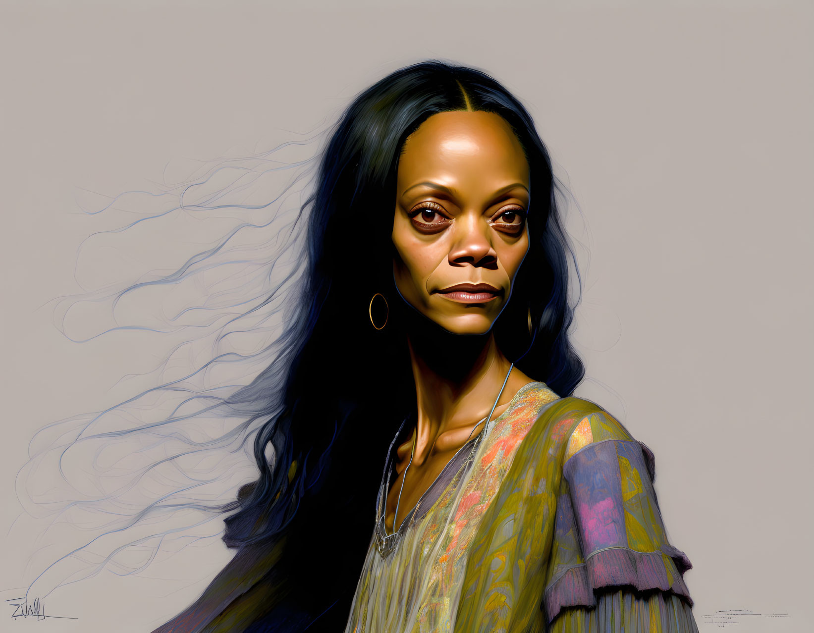 Woman with flowing hair and intense gaze in digital painting.