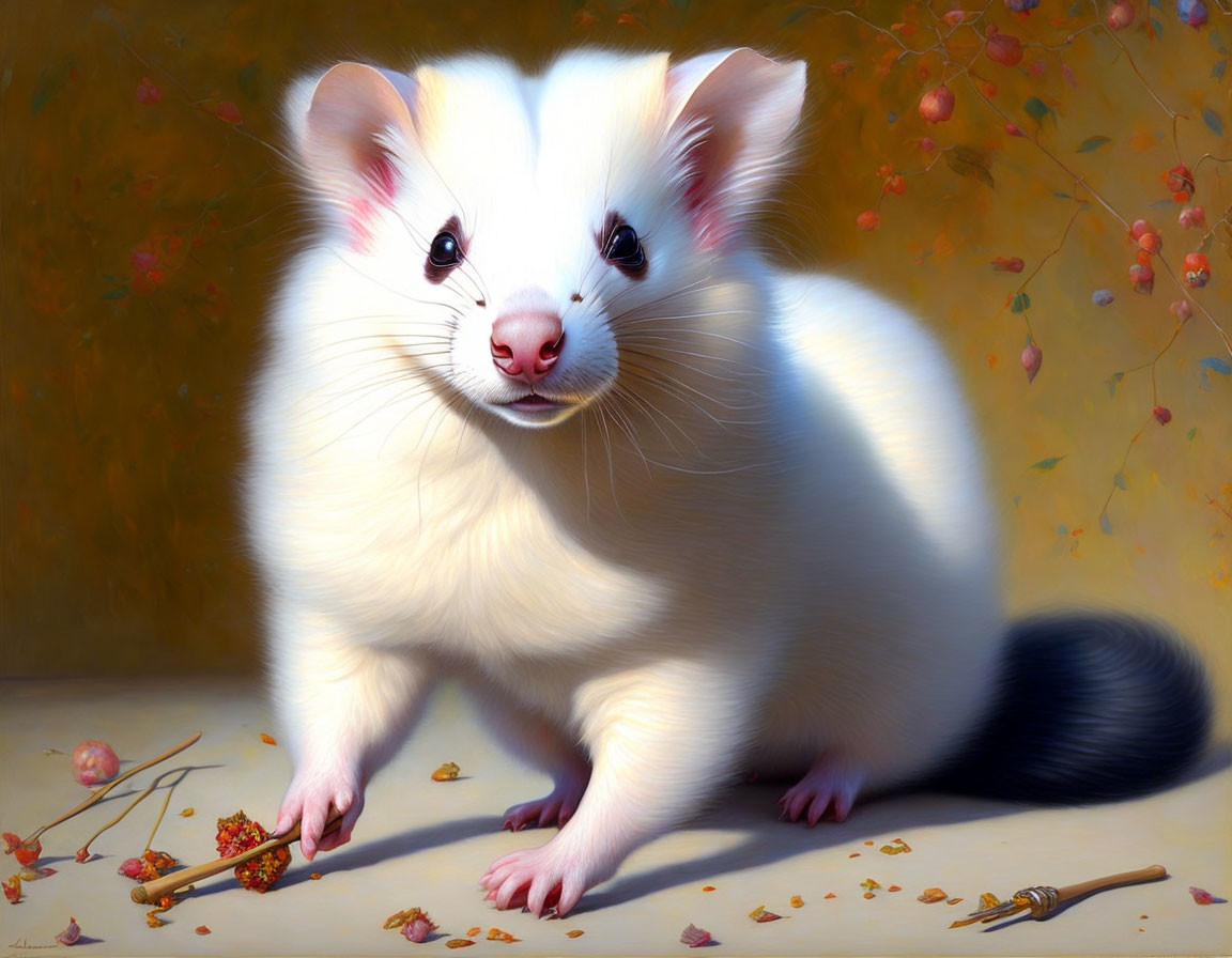 Realistic white ferret with black tail and markings on face in autumn setting