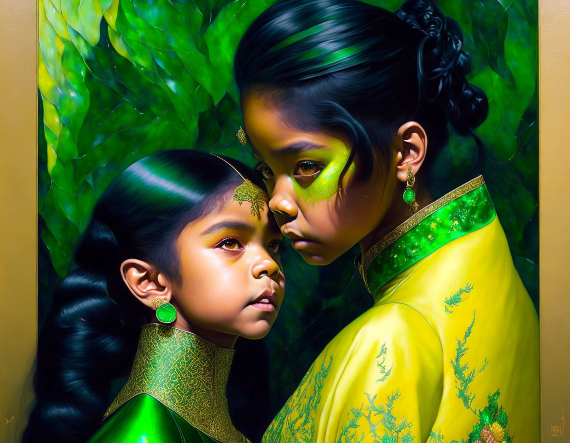 Vibrant painting of two girls in traditional attire with elaborate hairstyles