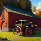 Rural scene with old car, red barn, chickens, and silos under clear sky