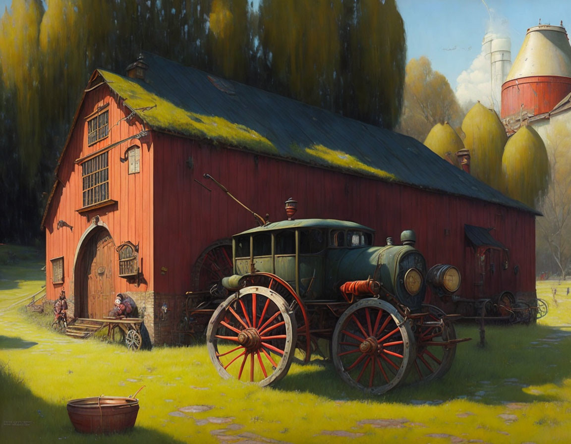 Rural scene with old car, red barn, chickens, and silos under clear sky