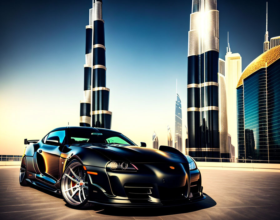 Black sports car on rooftop with futuristic skyscrapers at sunset