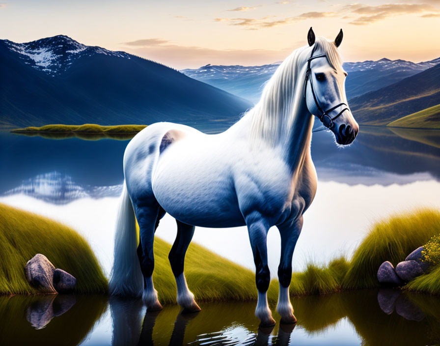 White Horse by Tranquil Lake and Mountains at Dusk