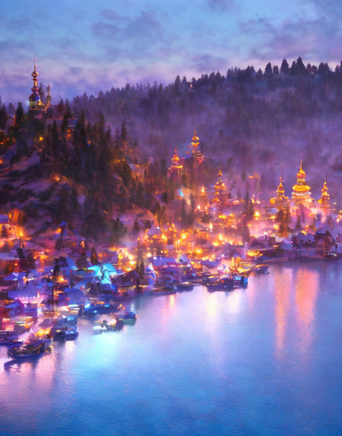 Twilight scene: Glowing lights on calm lake, boats, hillside town, mist