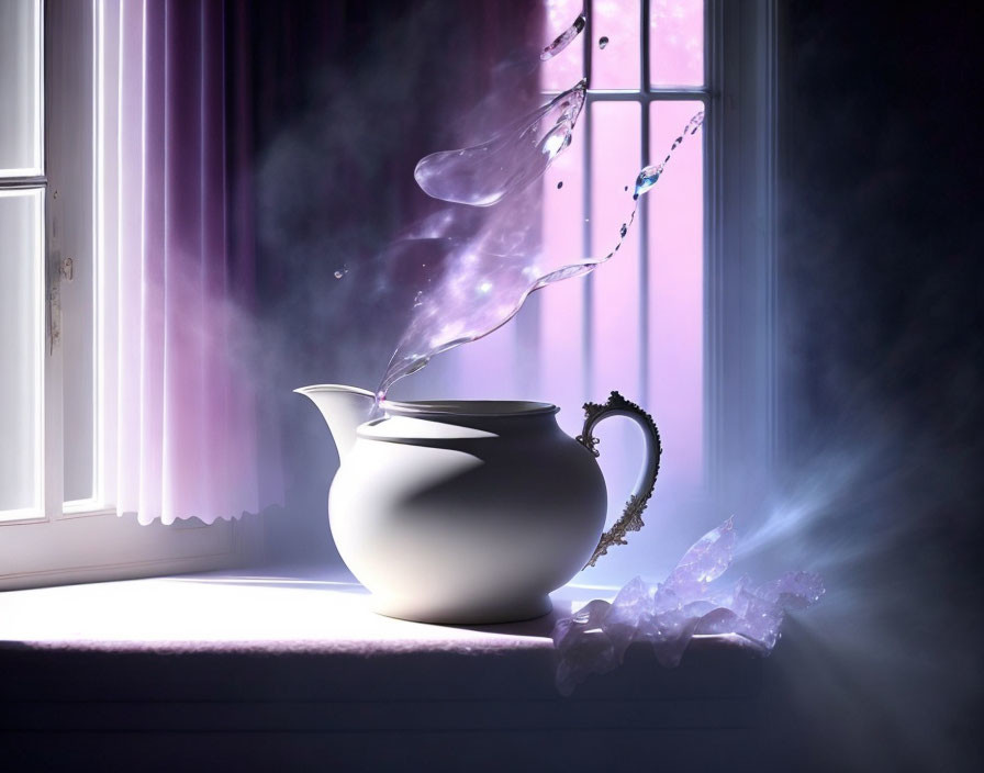 White teapot pouring liquid on windowsill with purple curtains and sunlight