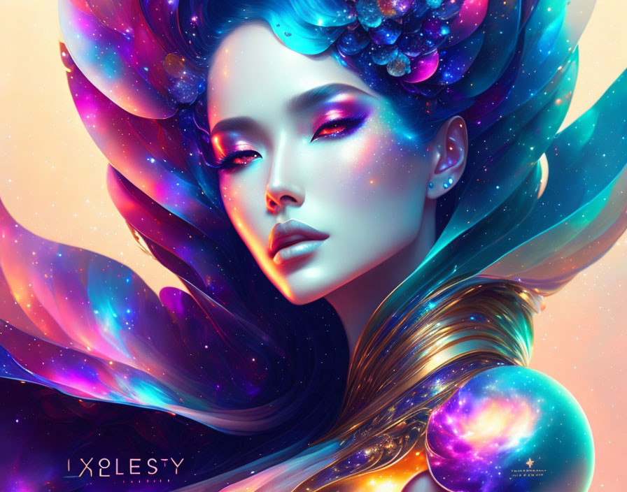 Digital artwork: Woman with cosmic makeup and galaxy hair surrounded by celestial bodies