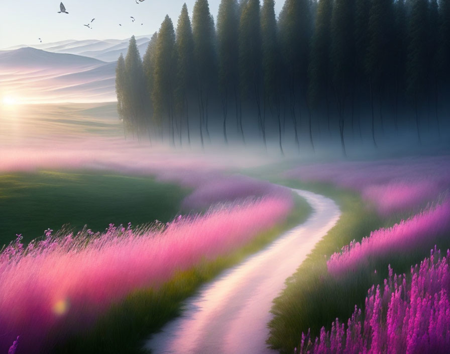 Misty landscape with pink flowers, forest, and sunrise scene