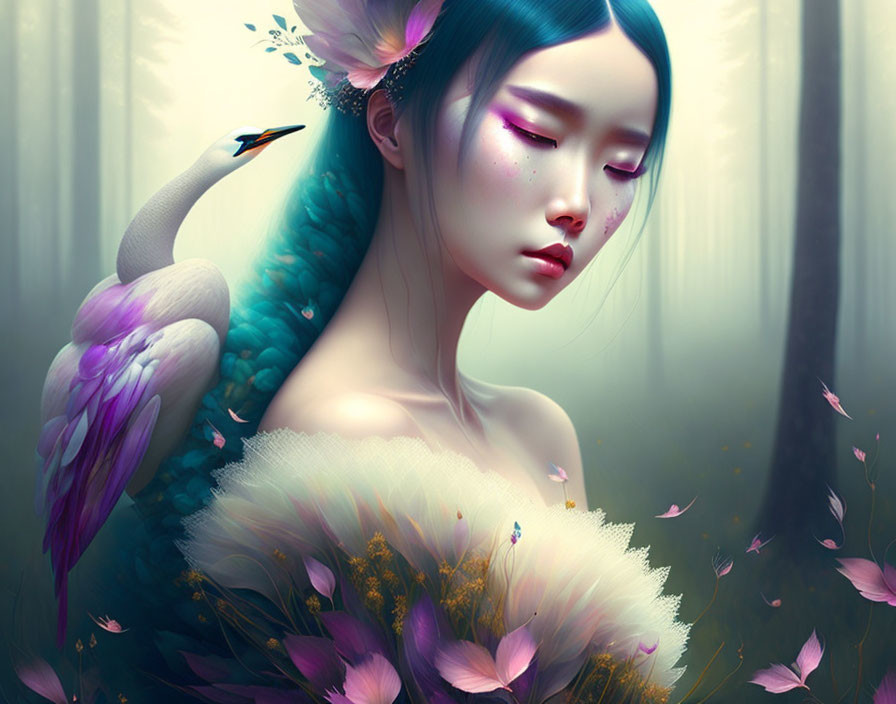 Portrait of a woman with delicate features in mystical setting with peacock and pink petals.