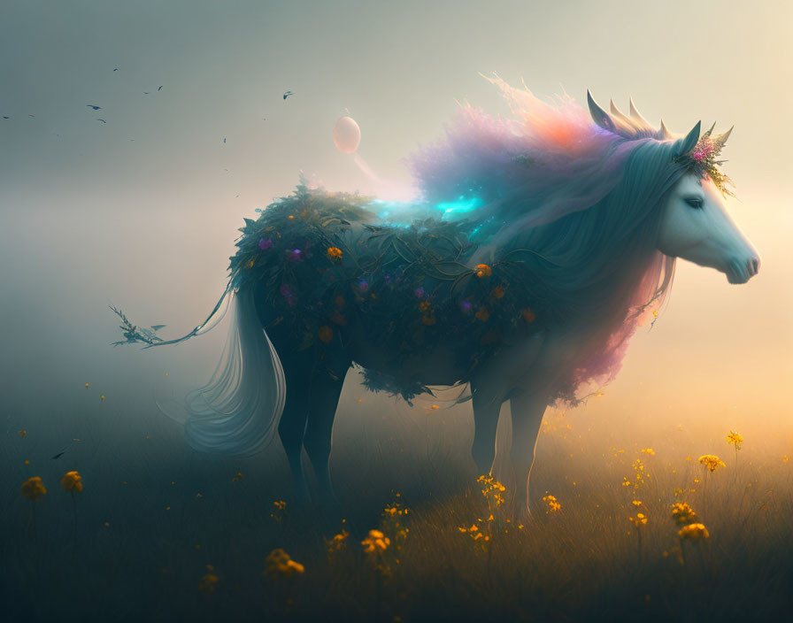 Colorful, glowing-maned unicorn in foggy landscape with birds and moon