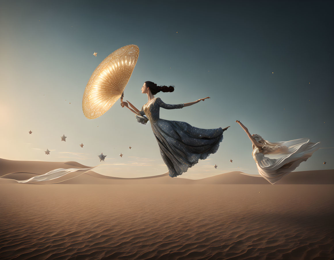 Two women floating above desert dunes with a large shell and wand, surrounded by stars.