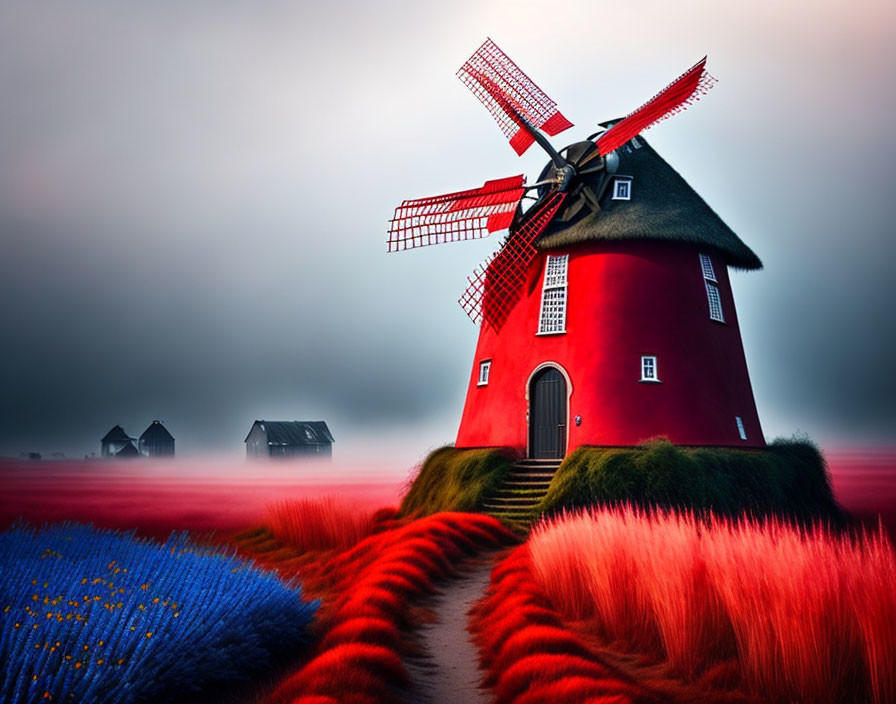 Vibrant red windmill in dreamy landscape with swirling red and blue plants