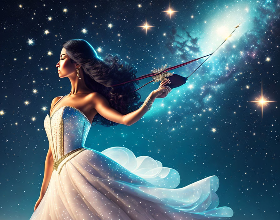 Woman in sparkling gown plays violin under starry night sky.