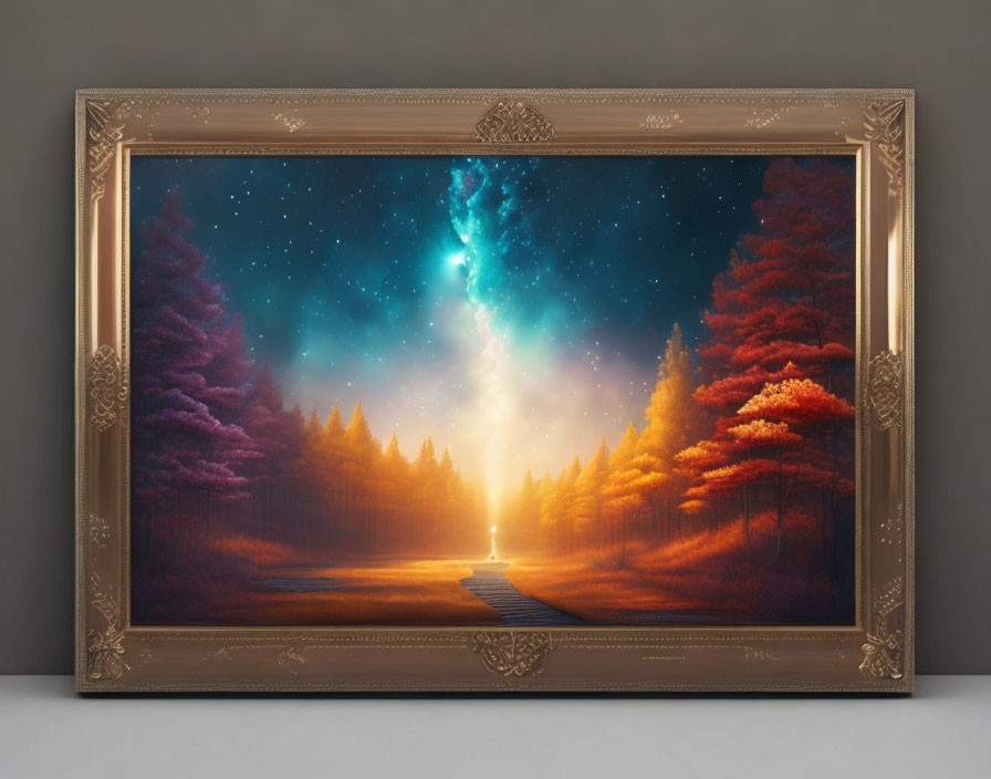 Framed landscape painting of vibrant night sky over forest path