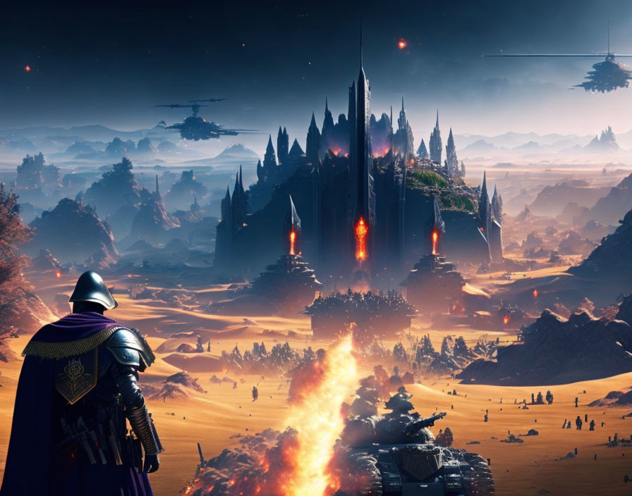 Knight overlooking futuristic battlefield with tanks, soldiers, and flying craft in desert near illuminated city under dusky