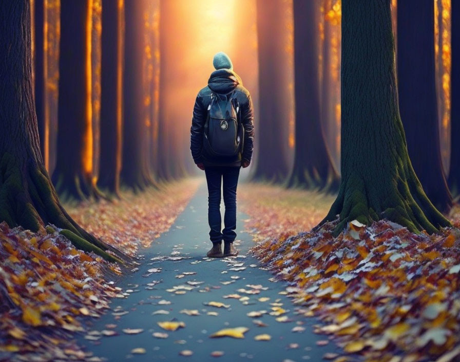 Person standing on forest path at sunset among tall trees