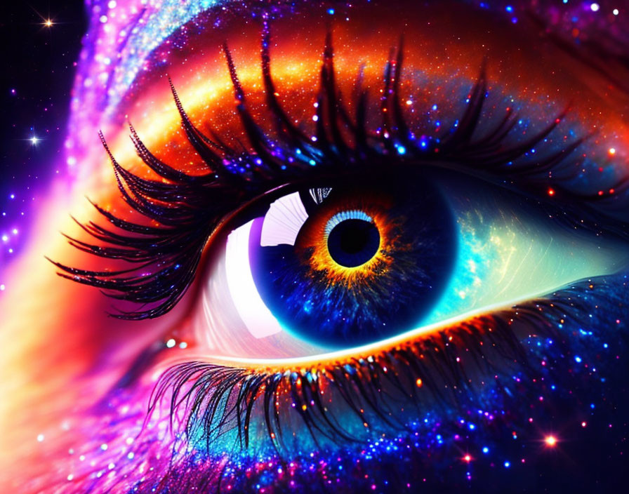 Colorful Eye with Long Lashes Against Cosmic Backdrop