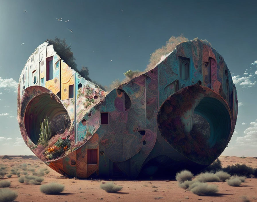 Colorful twisted building in desert landscape with infinity symbol shape