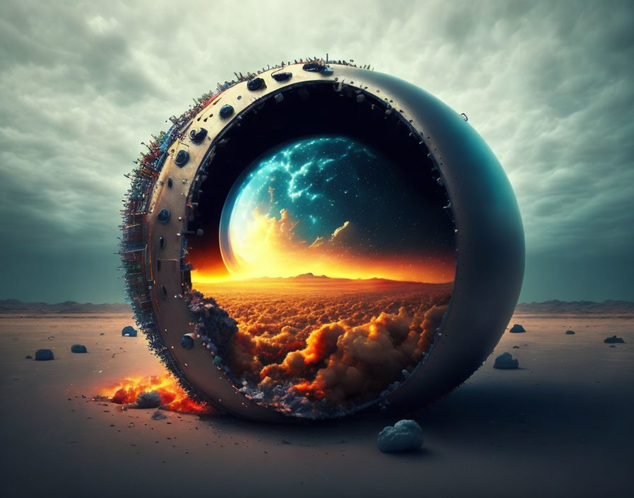 Surreal desert landscape with halved sphere revealing fiery apocalypse.