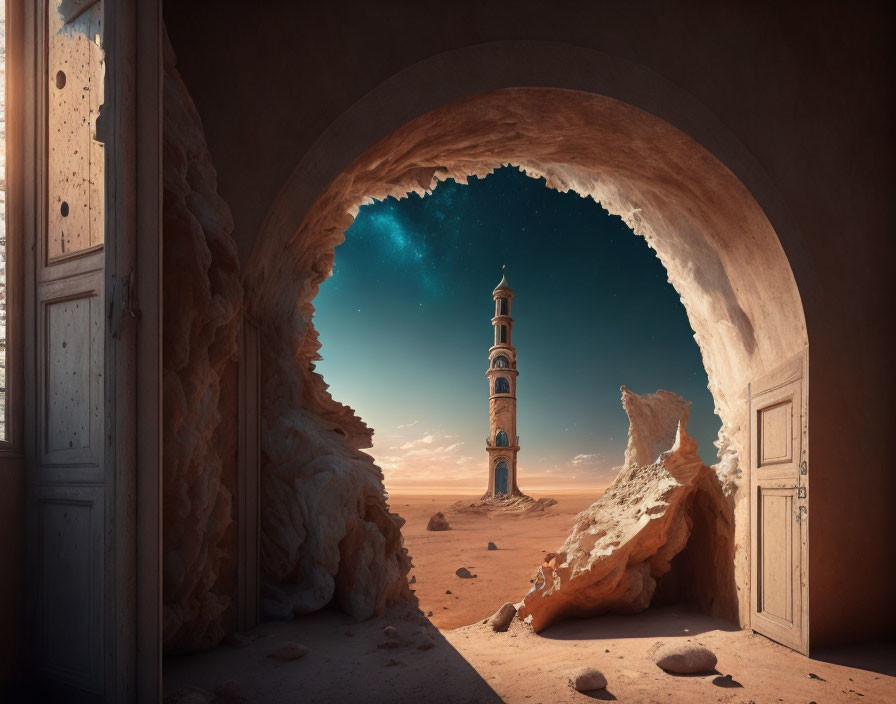 Desolate landscape with towering minaret under starry sky