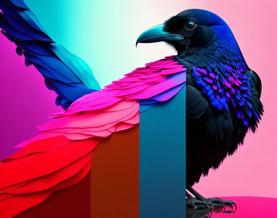 Colorful digital artwork: Raven with blue and pink feathers on geometric shape.