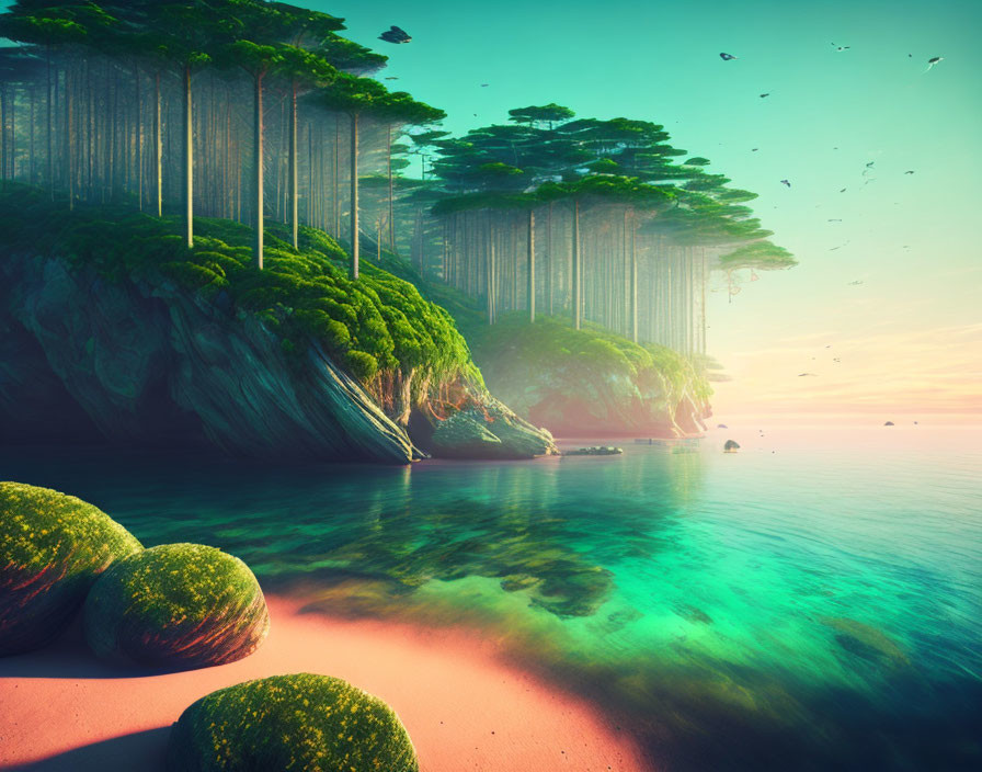 Tranquil beach scene with moss-covered rocks, clear waters, forest, and warm sky