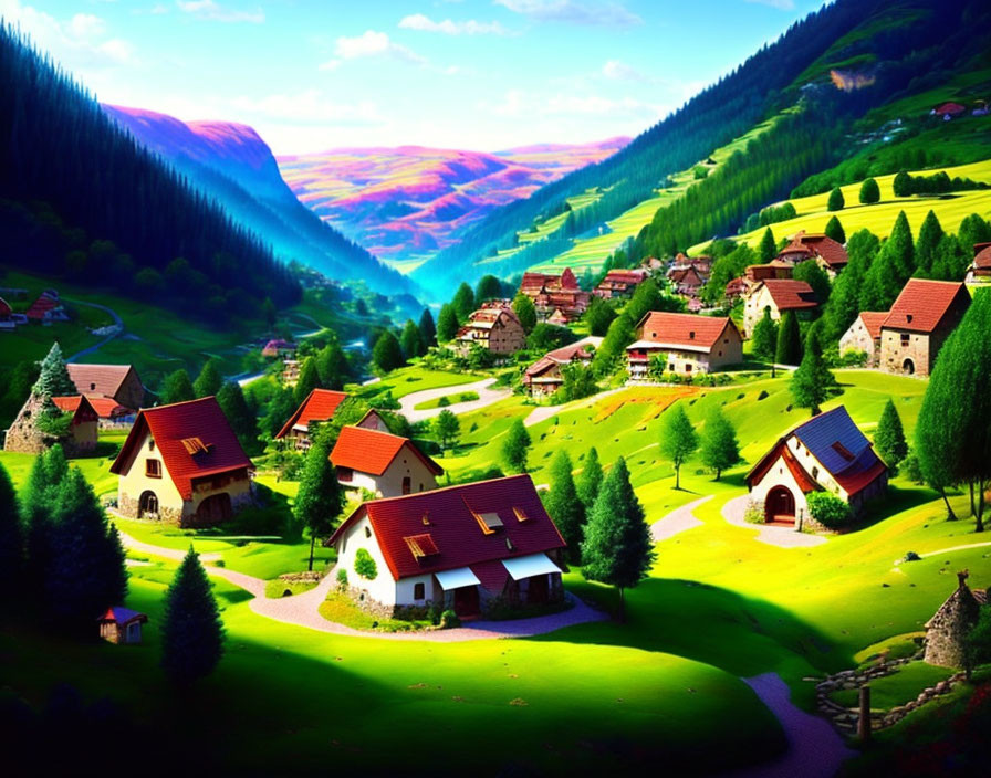 Scenic village with colorful houses in lush valley