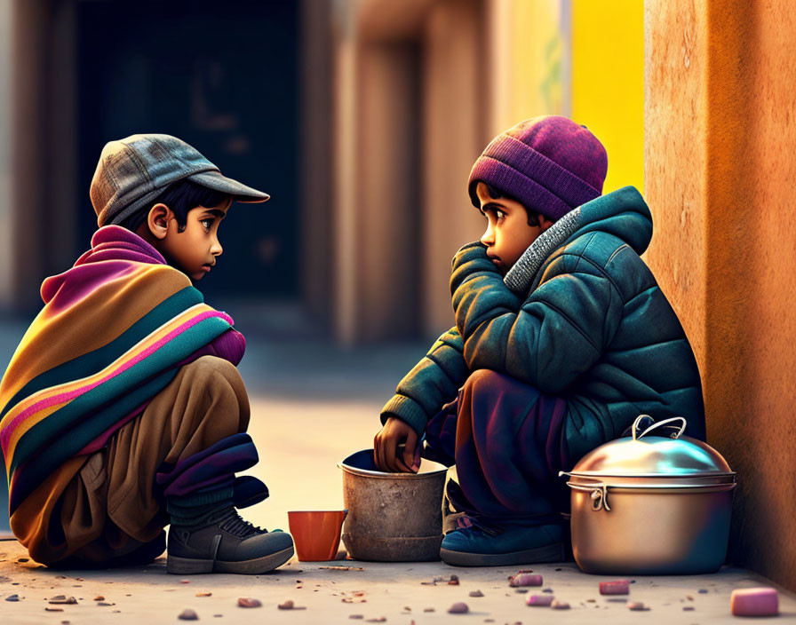 Children sitting in colorful alleyway with pot, wearing warm clothes.
