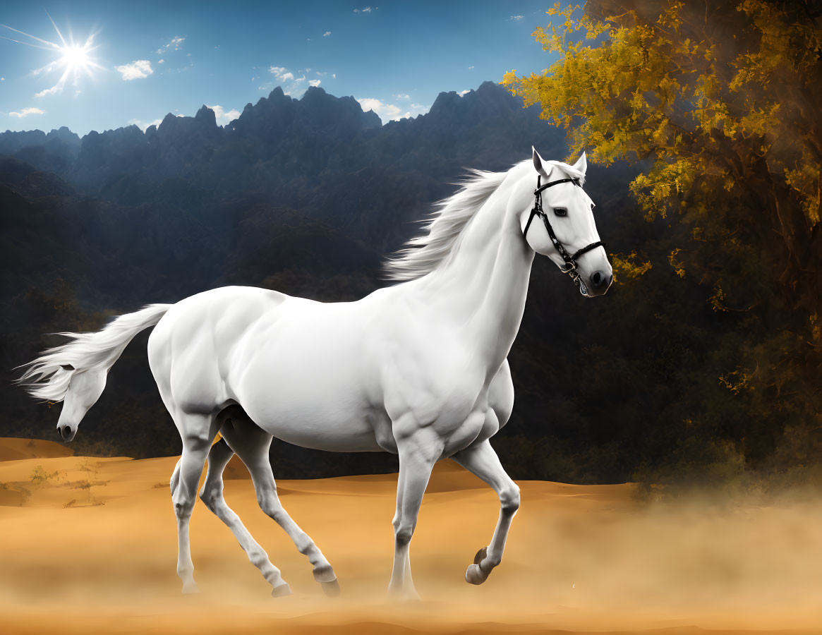 Majestic white horse galloping in autumn landscape