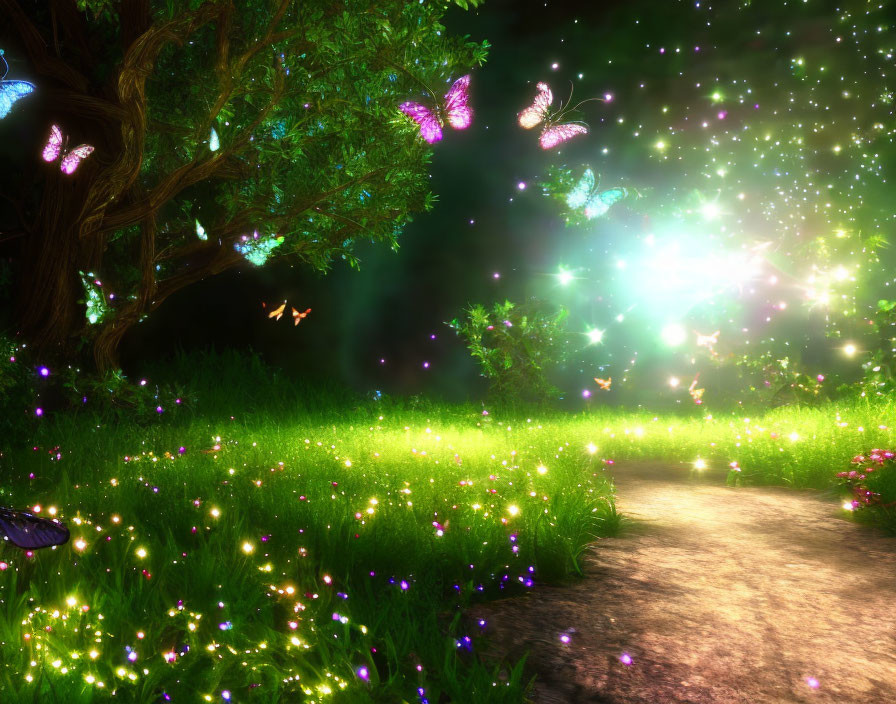 Magical forest glade with glowing lights, butterflies, and lush greenery