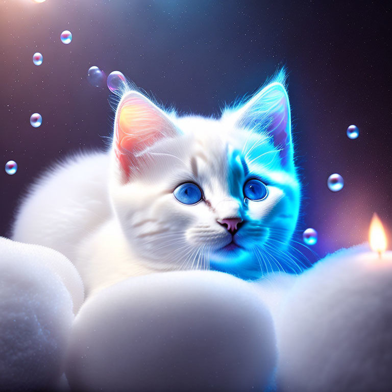 White Kitten with Glowing Blue Edges Surrounded by Bubbles and Soft White Shapes