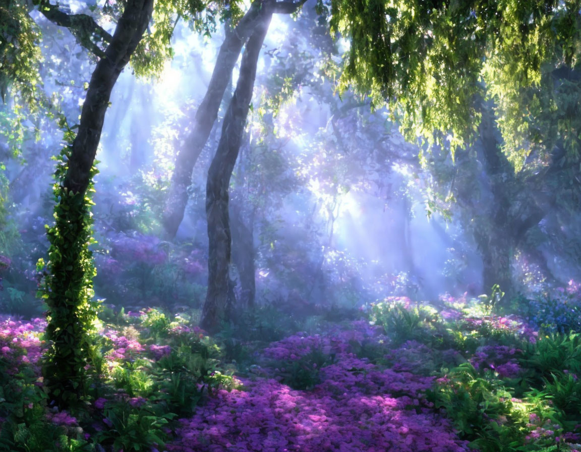 Sunlit Forest with Purple Flowers, Green Trees, and Misty Rays